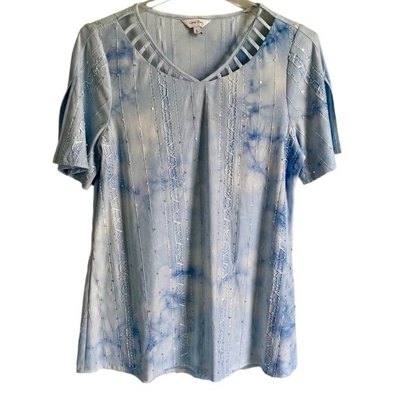 Coral Bay Pullover Short Sleeve Embellished Top Blue Tie Dye Women's Small - Picture 1 of 8